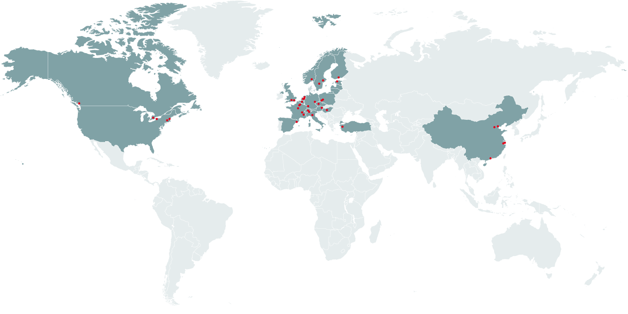 Infografica della mappa mondiale dello Zehnder Group che mostra tutte le società di vendita locali e gli uffici di rappresentanza in oltre settanta paesi